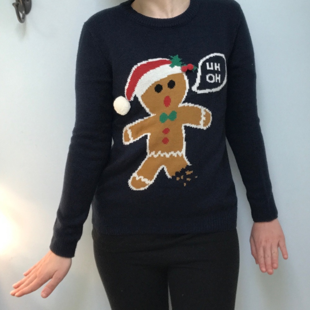 Cute blue Ugly Christmas sweater gingerbread man cookie